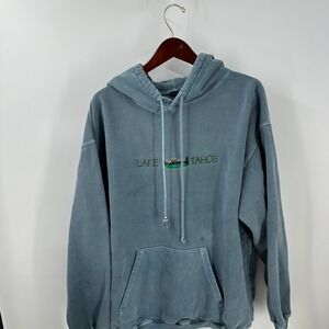 VTG Y2K Lake Tahoe Kangaroo Pocket Outdoor Pullover Hoodie Faded Blue Size XL